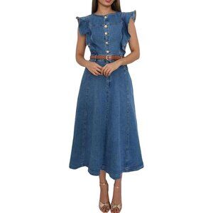 Denim Dress Women Midi Sleeveless Ruffle A Line Button Up Casual Summer